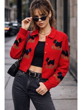 Vintage ANAGE Scottie Dog Cardigan Red Novelty Sweater Jacket Large